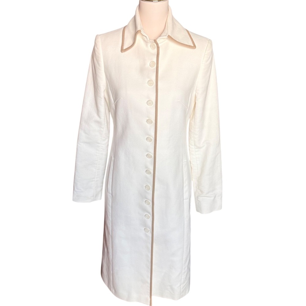 Blunauta Italy White Cotton Long Button Front Coat Tan Trim Women Size 42 Medium